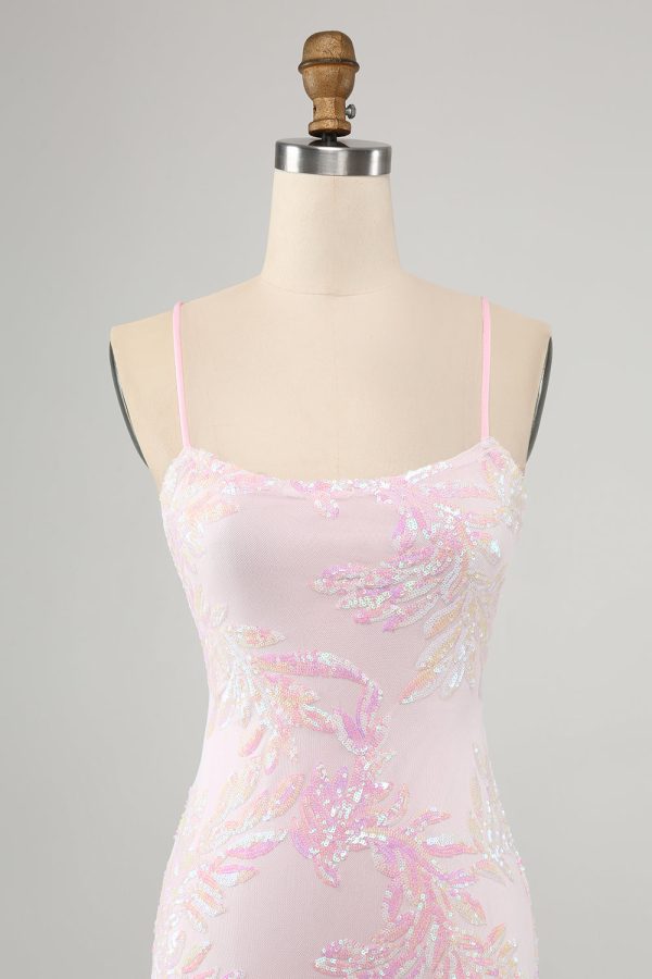 Sparkly Pink Spaghetti Straps Tight Mini Dress with Sequins - Image 4