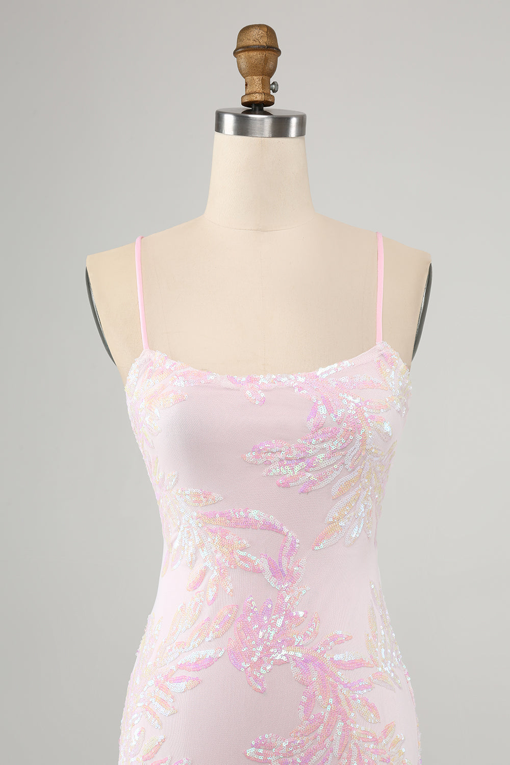 Sparkly Pink Spaghetti Straps Tight Mini Dress with Sequins - Image 4