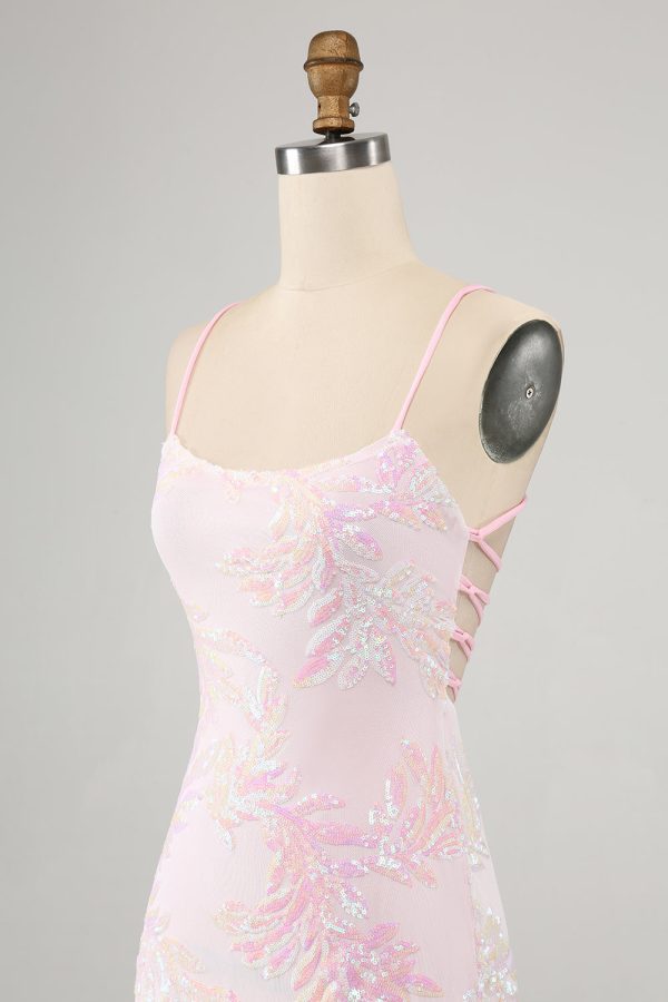Sparkly Pink Spaghetti Straps Tight Mini Dress with Sequins - Image 6