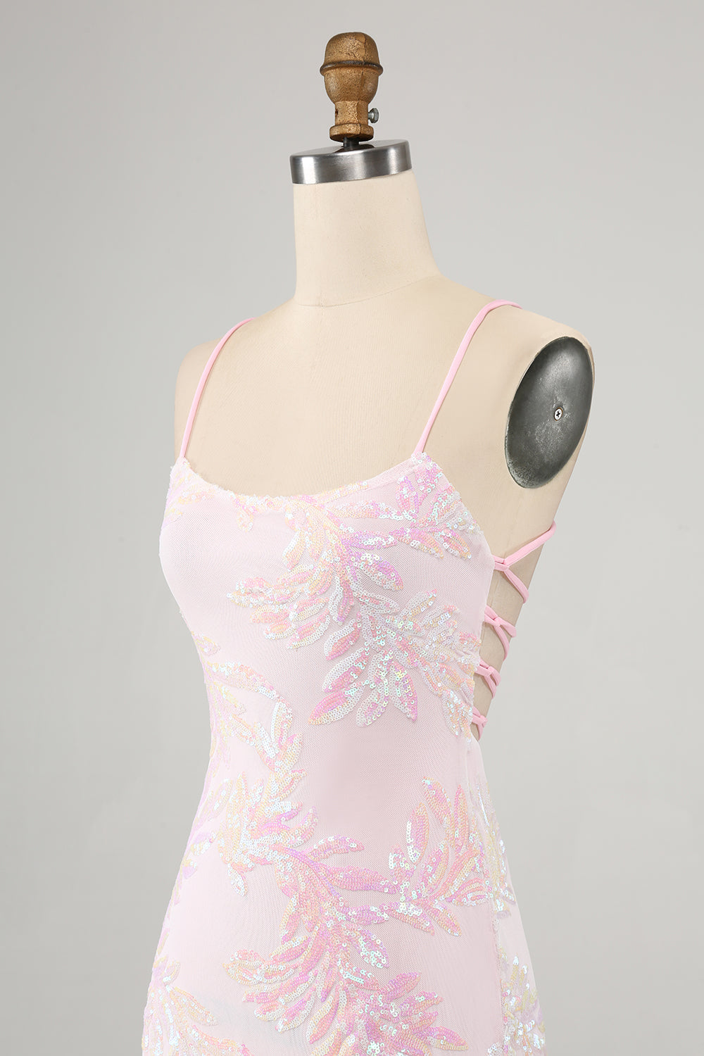 Sparkly Pink Spaghetti Straps Tight Mini Dress with Sequins - Image 6