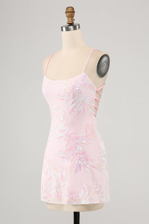 Sparkly Pink Spaghetti Straps Tight Mini Dress with Sequins - Image 3