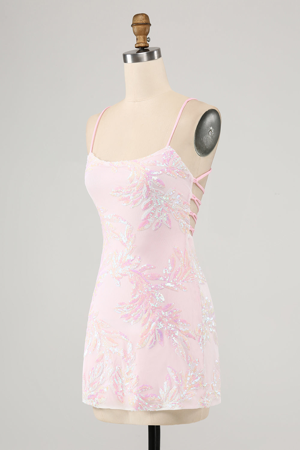 Sparkly Pink Spaghetti Straps Tight Mini Dress with Sequins - Image 3