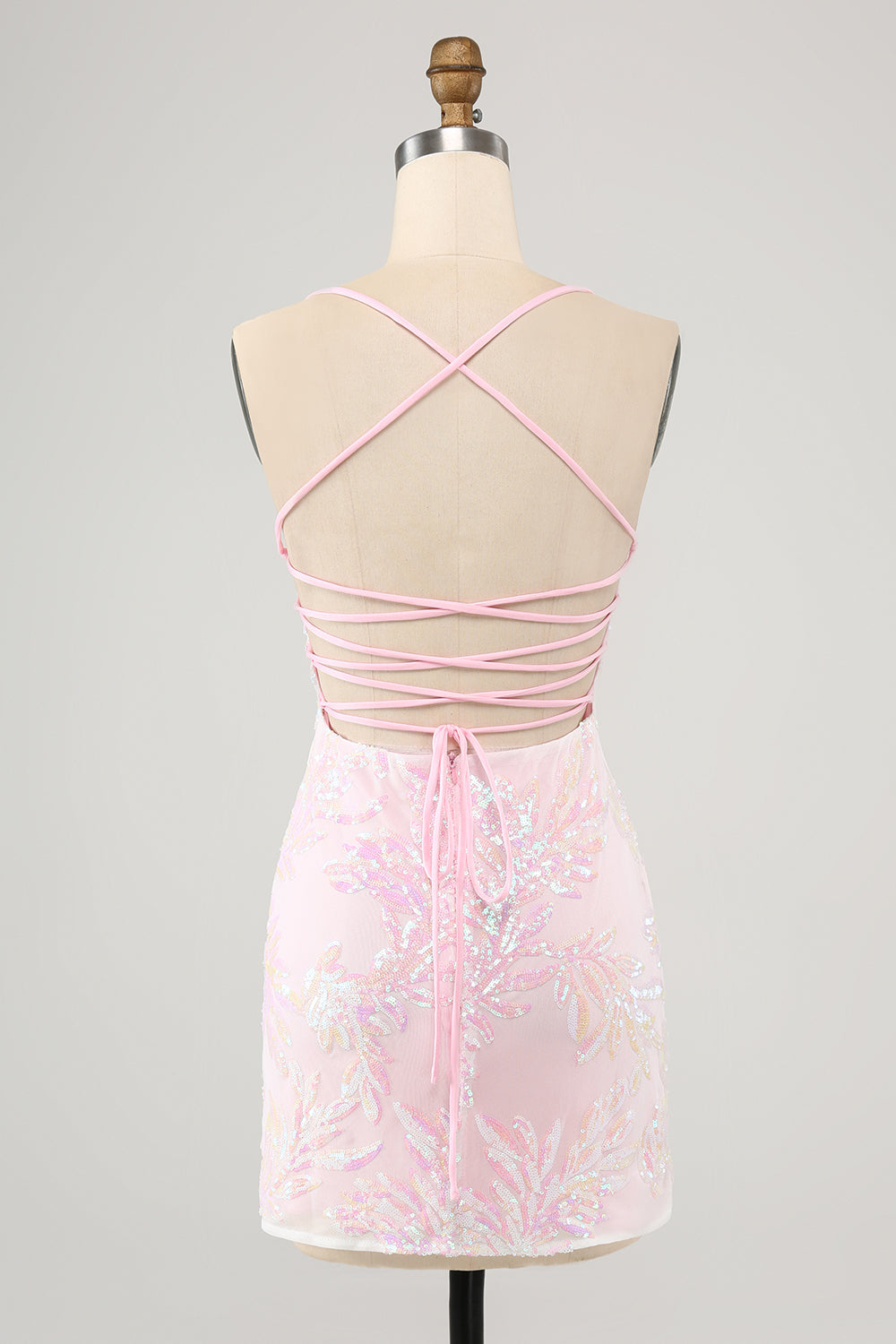 Sparkly Pink Spaghetti Straps Tight Mini Dress with Sequins - Image 2