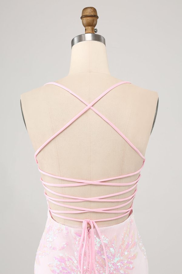 Sparkly Pink Spaghetti Straps Tight Mini Dress with Sequins - Image 5
