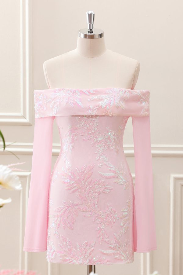 Sparkly Pink Off the Shoulder Sequined Tight Mini Dress with Long Sleeves - Image 1