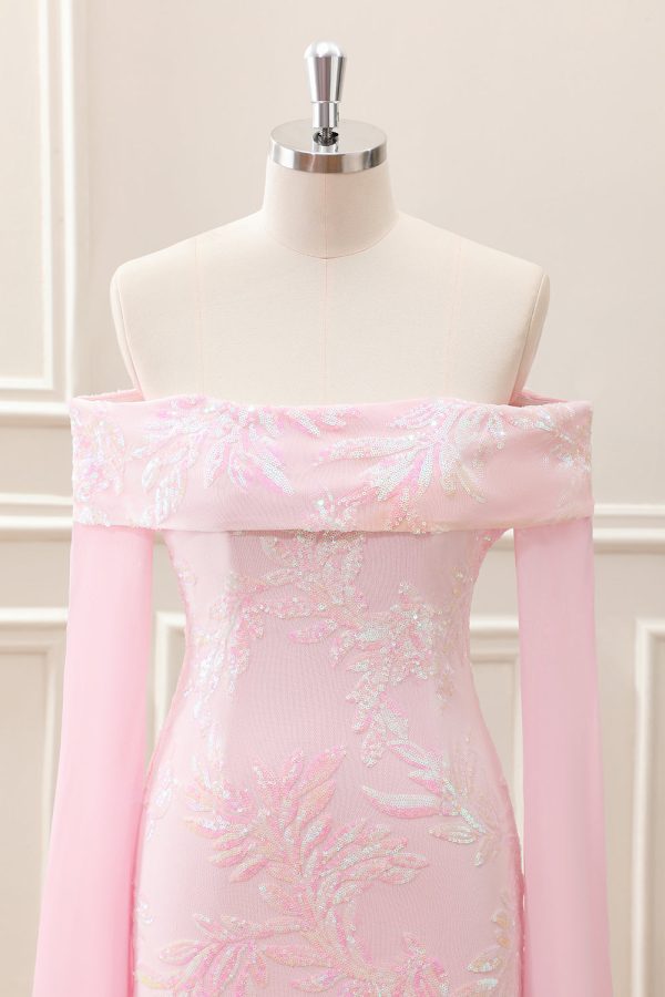 Sparkly Pink Off the Shoulder Sequined Tight Mini Dress with Long Sleeves - Image 3