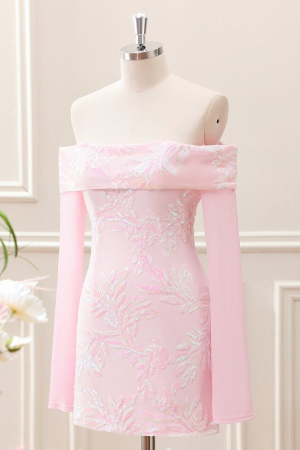 Sparkly Pink Off the Shoulder Sequined Tight Mini Dress with Long Sleeves - Image 4