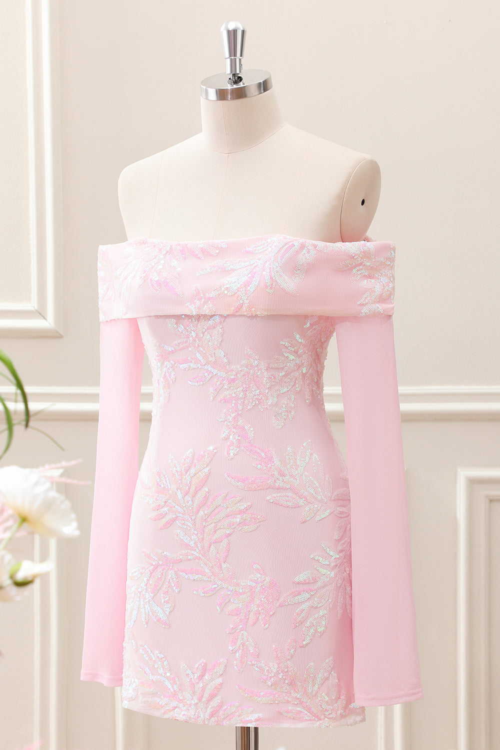 Sparkly Pink Off the Shoulder Sequined Tight Mini Dress with Long Sleeves - Image 4