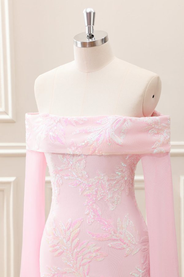 Sparkly Pink Off the Shoulder Sequined Tight Mini Dress with Long Sleeves - Image 6