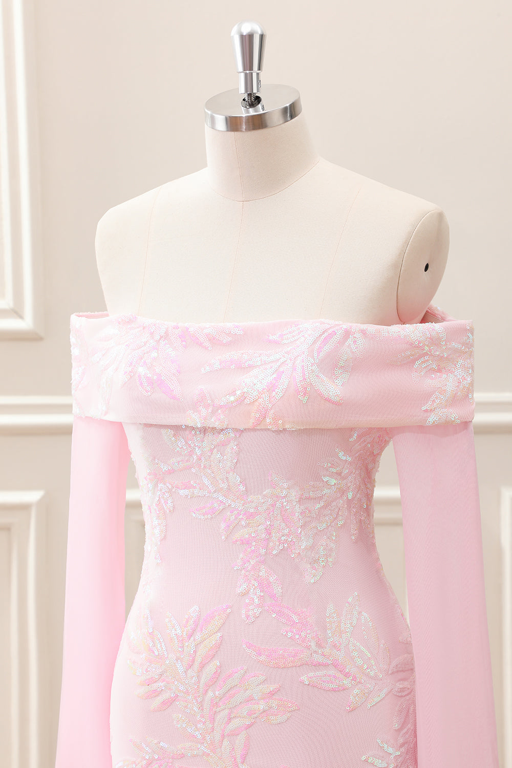 Sparkly Pink Off the Shoulder Sequined Tight Mini Dress with Long Sleeves - Image 6