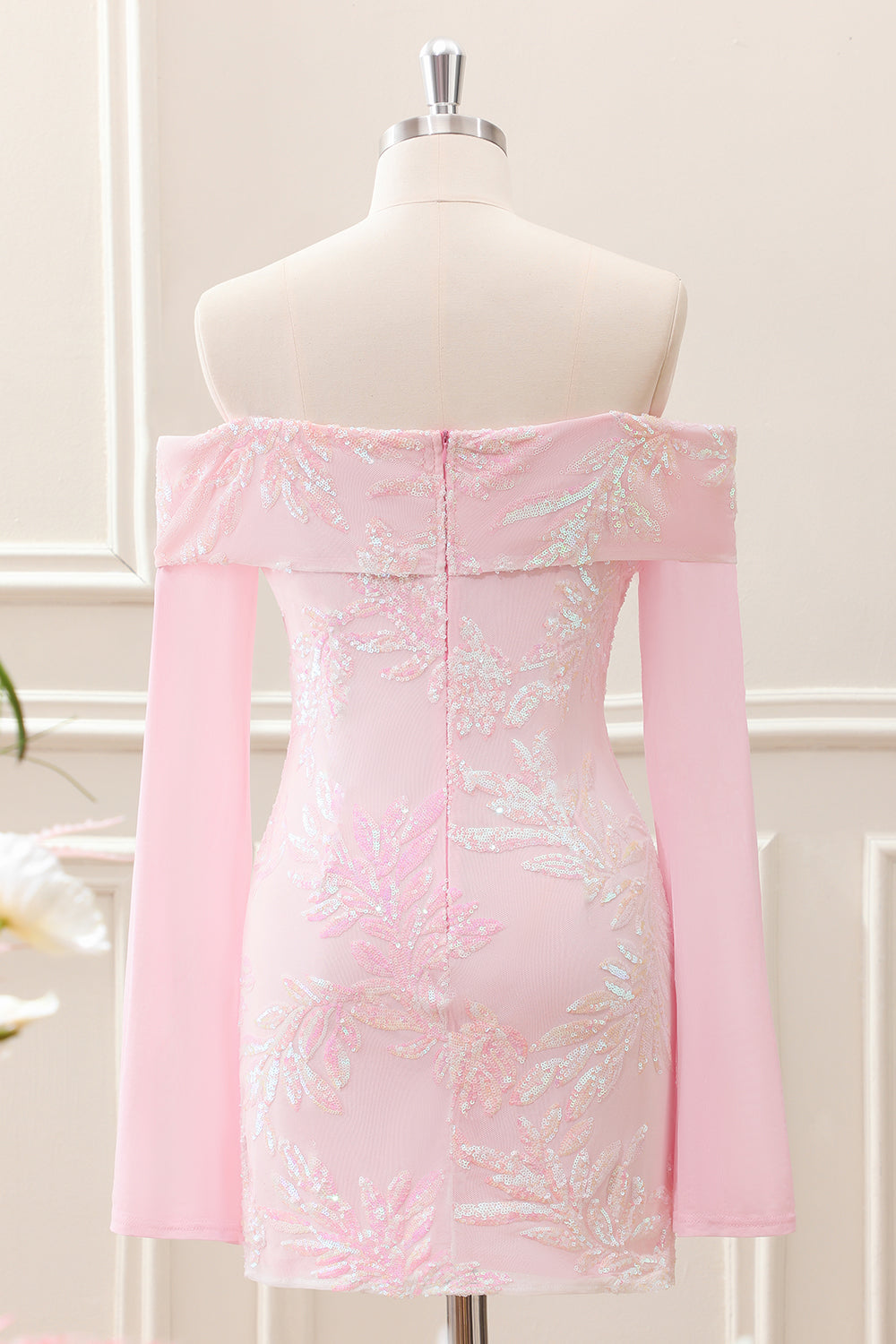 Sparkly Pink Off the Shoulder Sequined Tight Mini Dress with Long Sleeves - Image 2