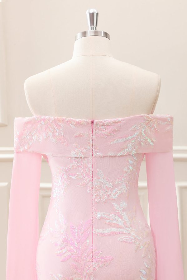 Sparkly Pink Off the Shoulder Sequined Tight Mini Dress with Long Sleeves - Image 5