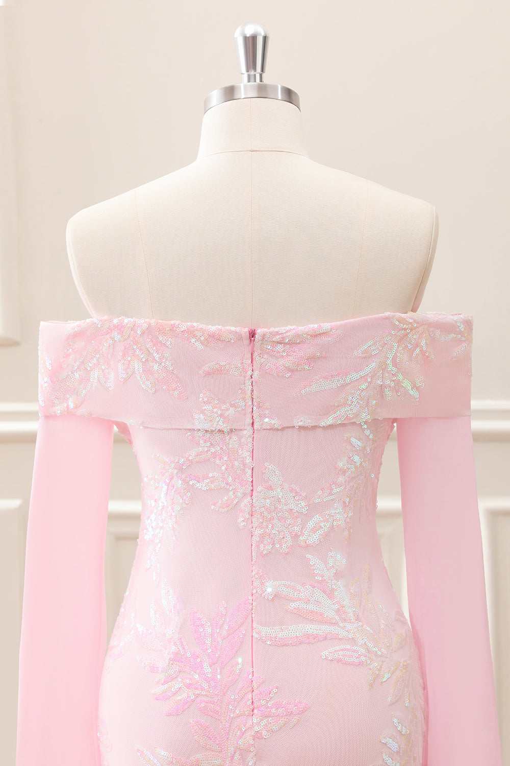 Sparkly Pink Off the Shoulder Sequined Tight Mini Dress with Long Sleeves - Image 5