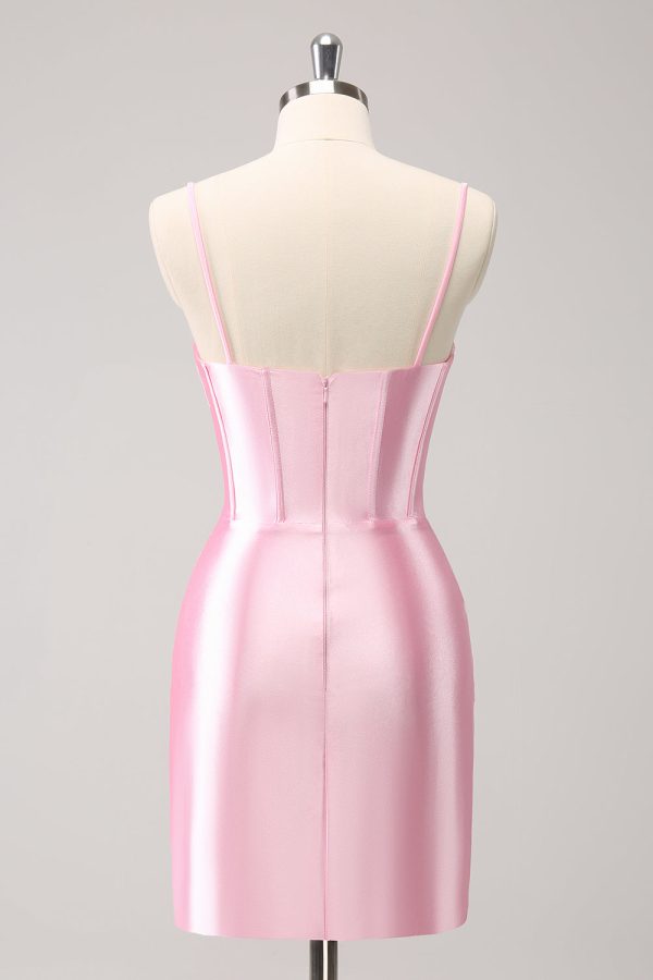 Sparkly Pink Spaghetti Straps Tight Mini Dress with Beading - Image 2