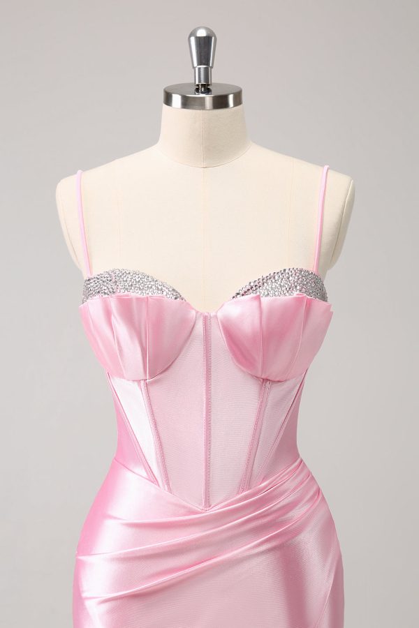 Sparkly Pink Spaghetti Straps Tight Mini Dress with Beading - Image 4