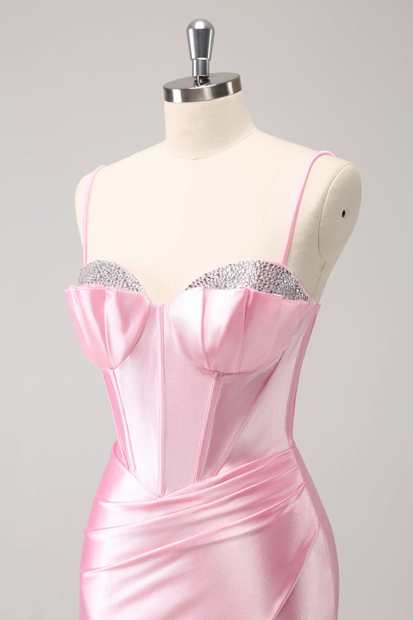 Sparkly Pink Spaghetti Straps Tight Mini Dress with Beading - Image 5