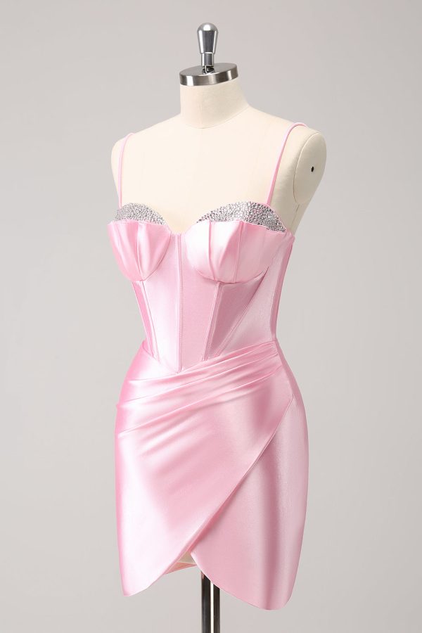 Sparkly Pink Spaghetti Straps Tight Mini Dress with Beading - Image 3