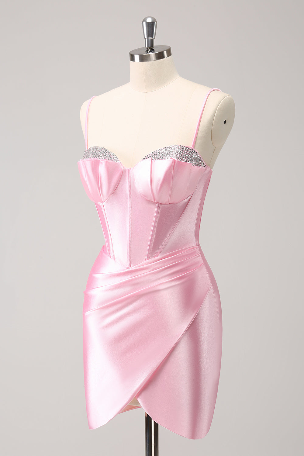 Sparkly Pink Spaghetti Straps Tight Mini Dress with Beading - Image 3