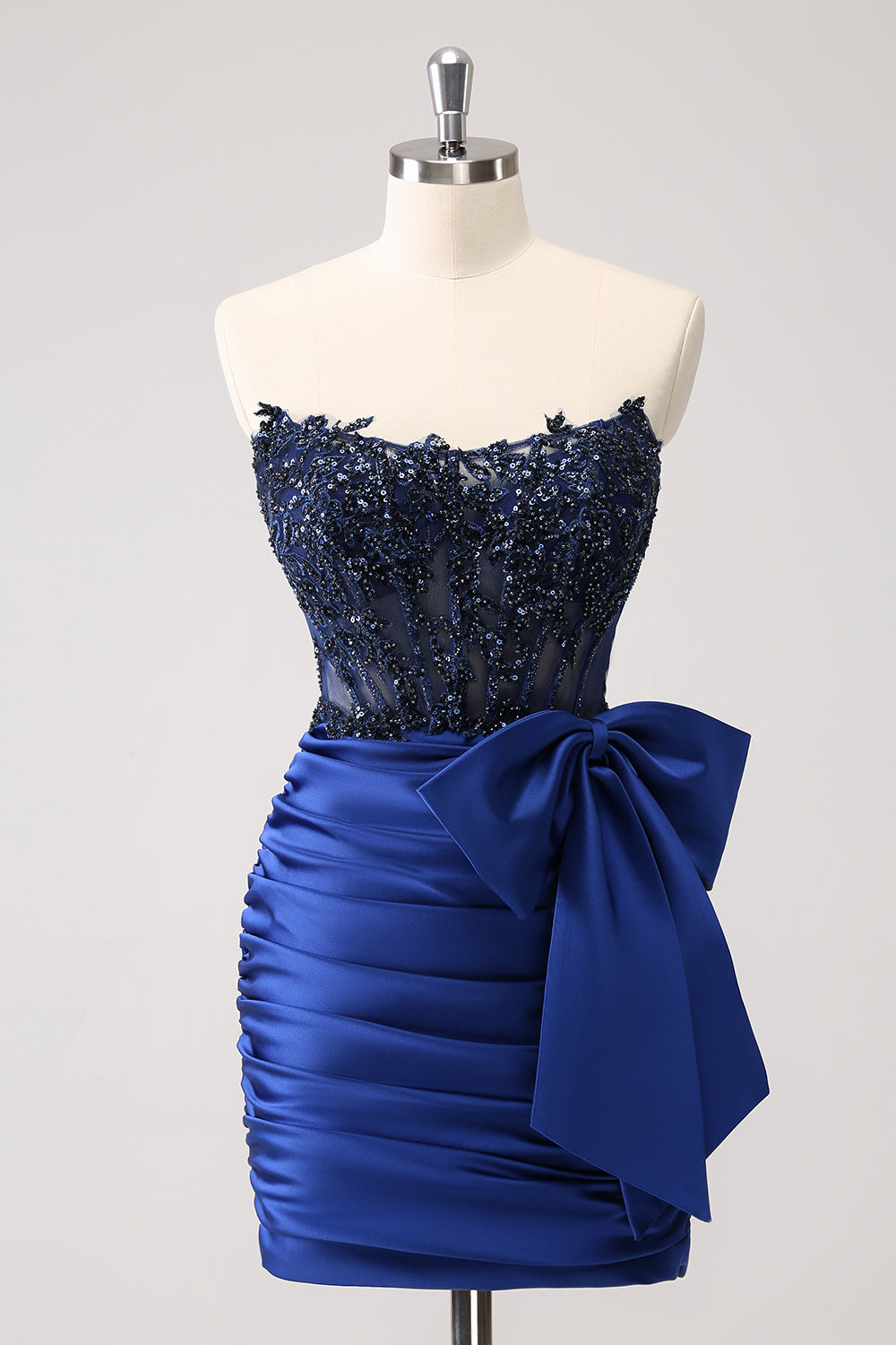 Sparkly Navy Strapless Beaded Appliques Tight Mini Dress - Image 1