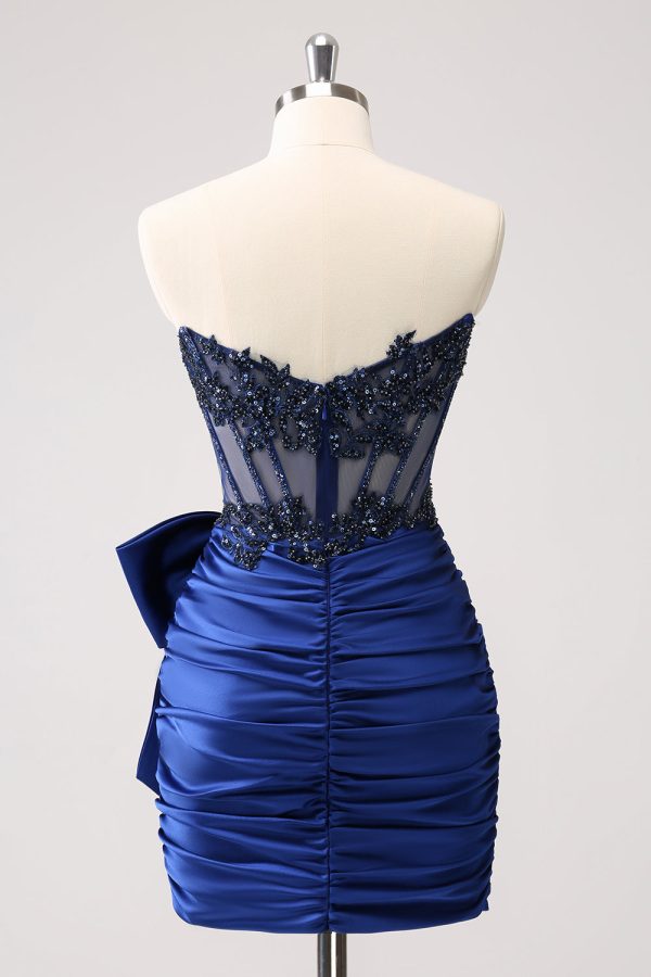 Sparkly Navy Strapless Beaded Appliques Tight Mini Dress - Image 2