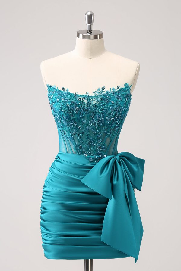 Sparkly Navy Strapless Beaded Appliques Tight Mini Dress - Image 7