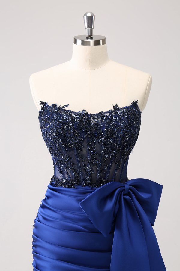 Sparkly Navy Strapless Beaded Appliques Tight Mini Dress - Image 4
