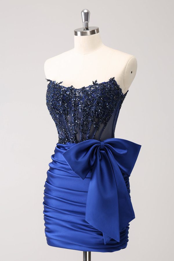 Sparkly Navy Strapless Beaded Appliques Tight Mini Dress - Image 3