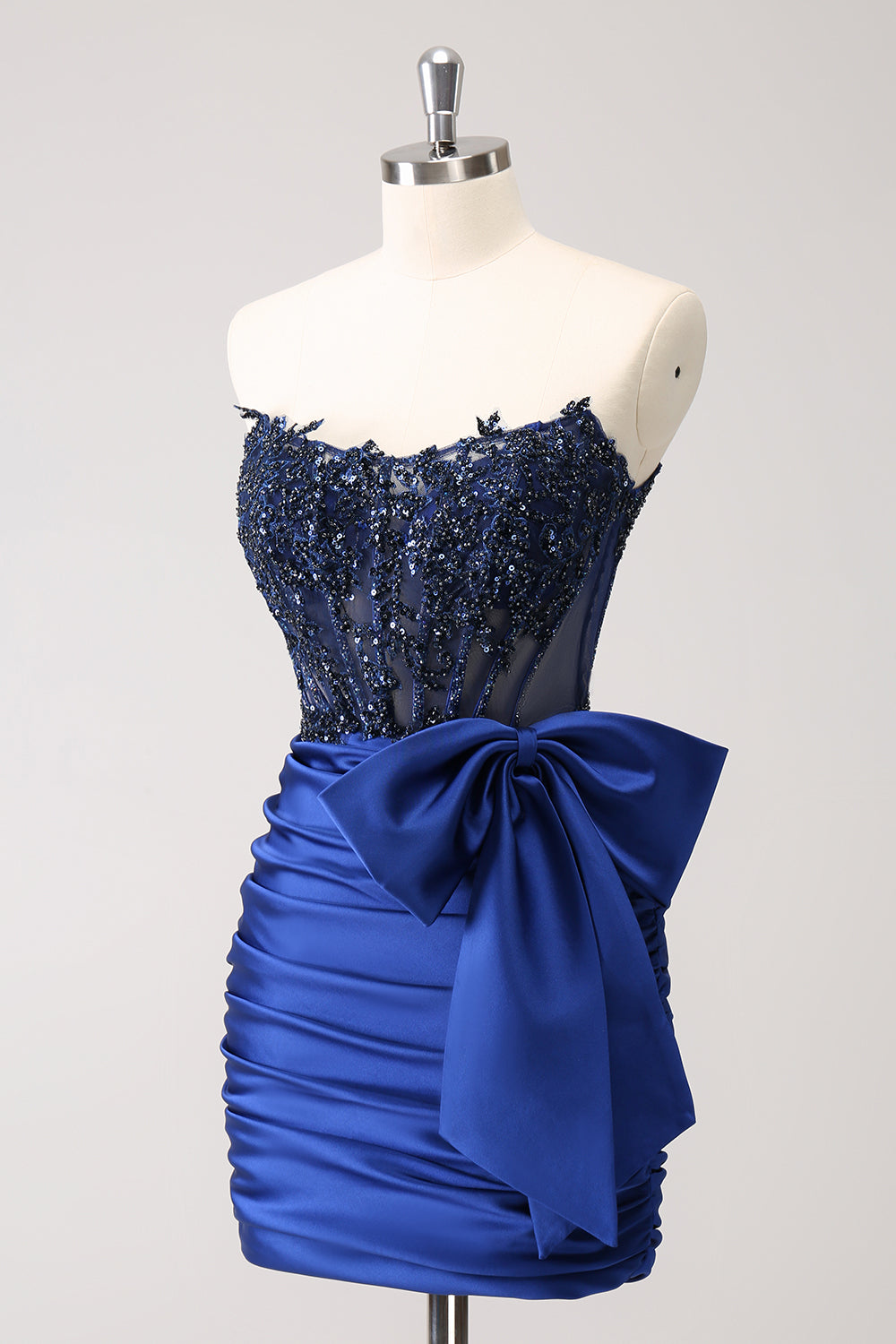 Sparkly Navy Strapless Beaded Appliques Tight Mini Dress - Image 3