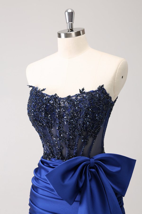 Sparkly Navy Strapless Beaded Appliques Tight Mini Dress - Image 6