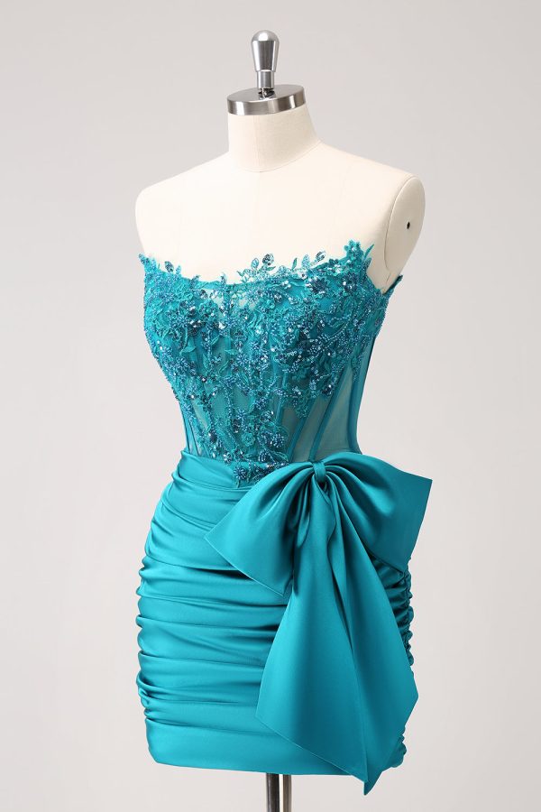 Sparkly Navy Strapless Beaded Appliques Tight Mini Dress - Image 9