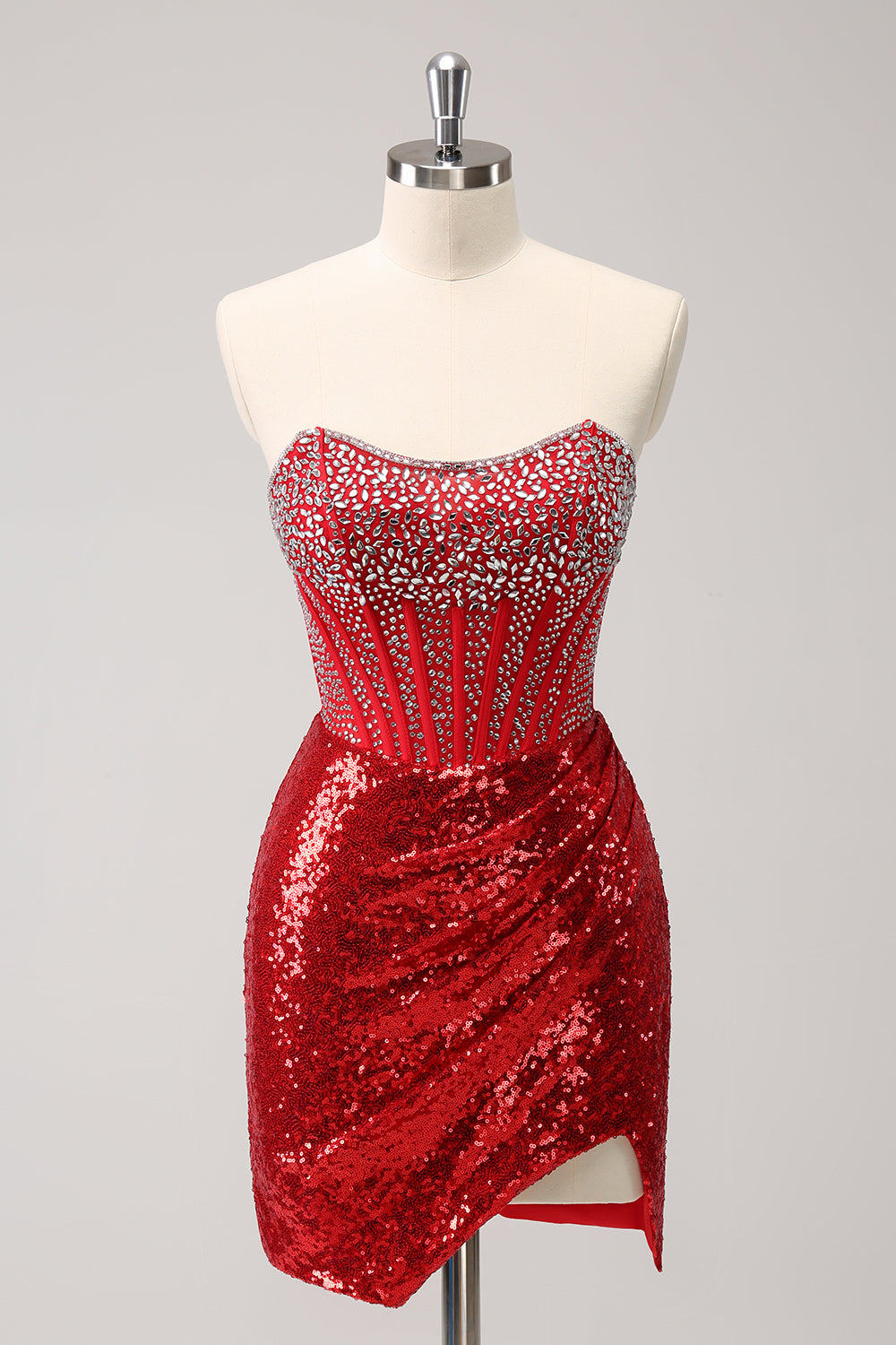 Sparkly Red Strapless Corset Sequined Beaded Tight Mini Dress with Slit - Image 1