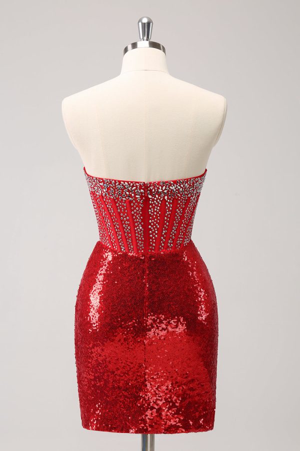 Sparkly Red Strapless Corset Sequined Beaded Tight Mini Dress with Slit - Image 2