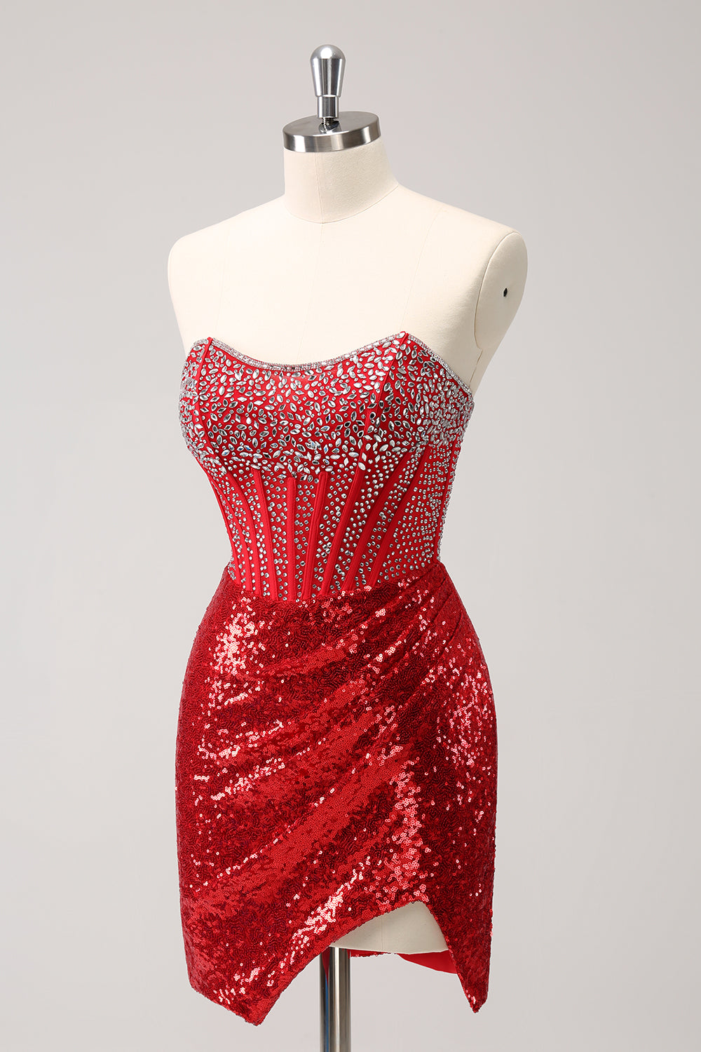 Sparkly Red Strapless Corset Sequined Beaded Tight Mini Dress with Slit - Image 3