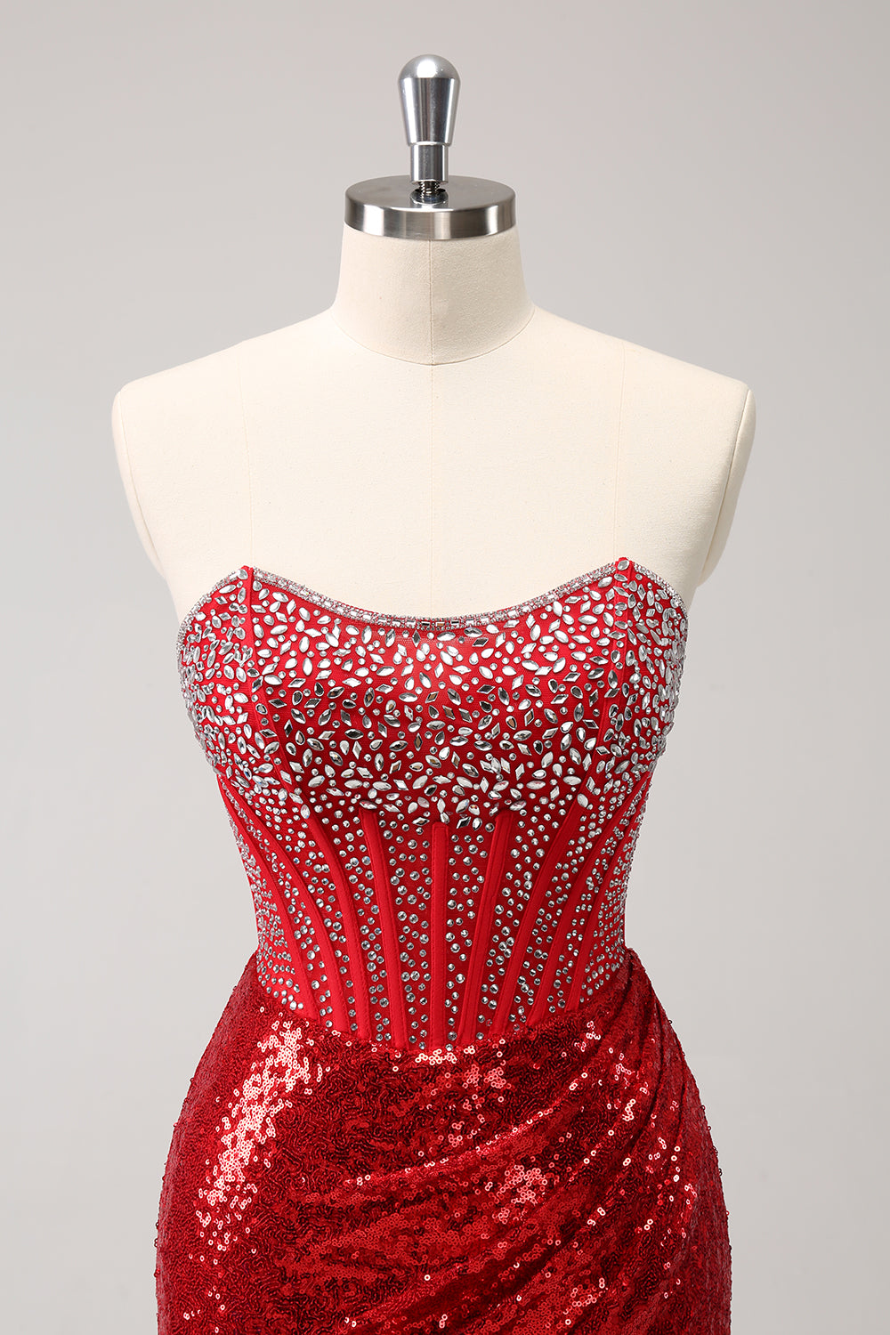 Sparkly Red Strapless Corset Sequined Beaded Tight Mini Dress with Slit - Image 4