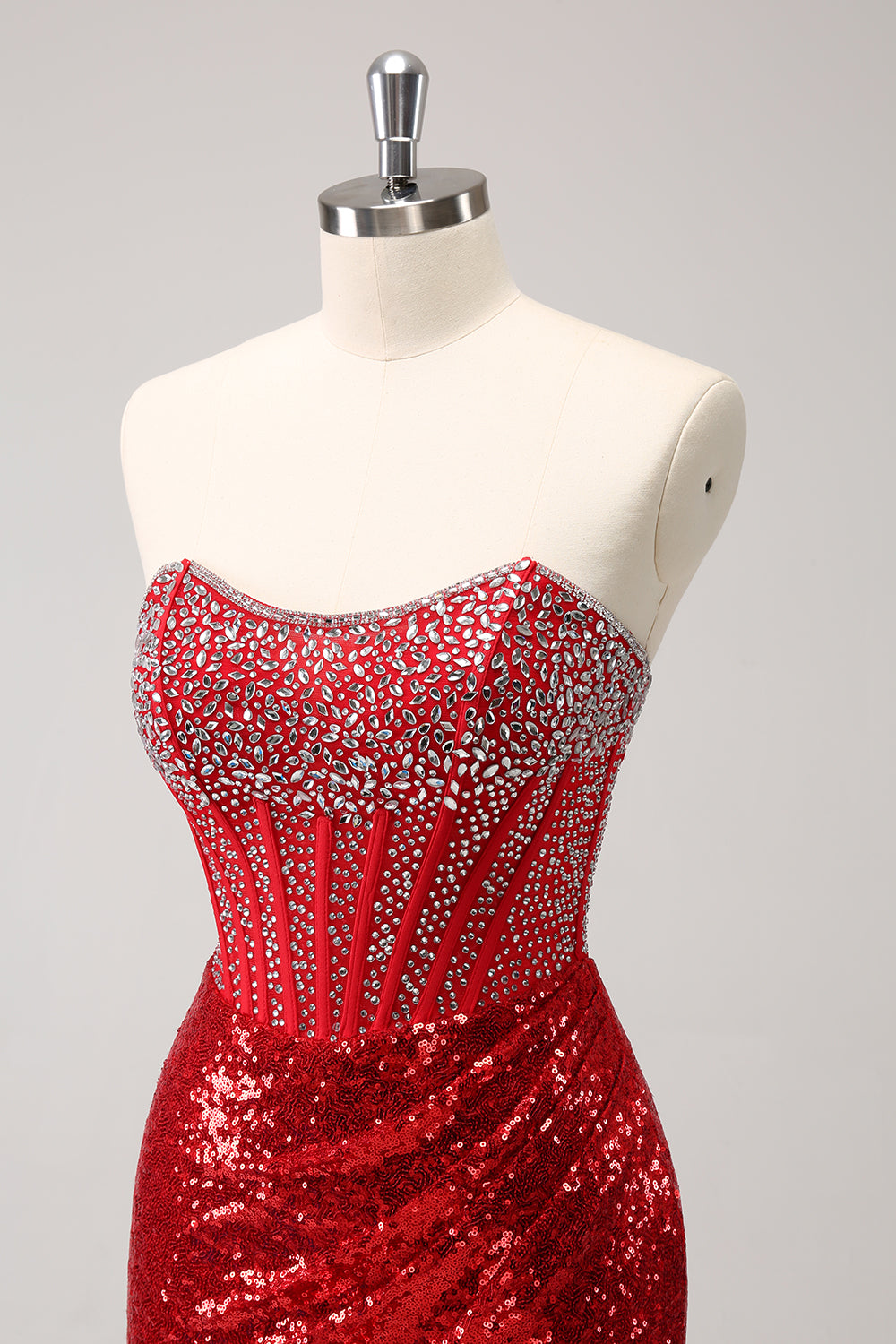 Sparkly Red Strapless Corset Sequined Beaded Tight Mini Dress with Slit - Image 6