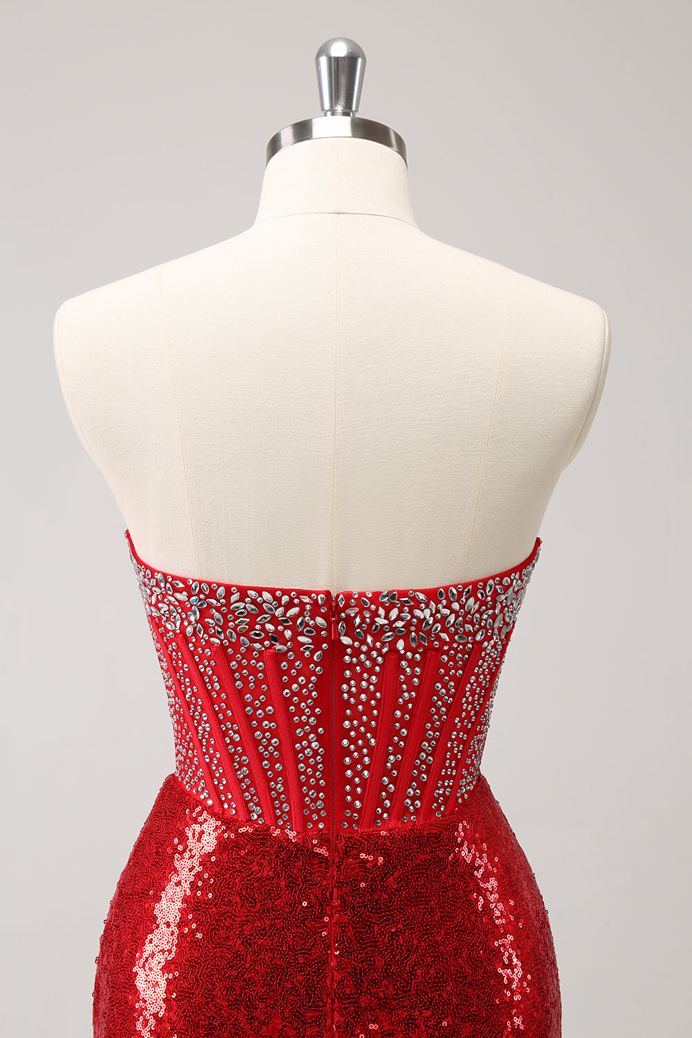 Sparkly Red Strapless Corset Sequined Beaded Tight Mini Dress with Slit - Image 5