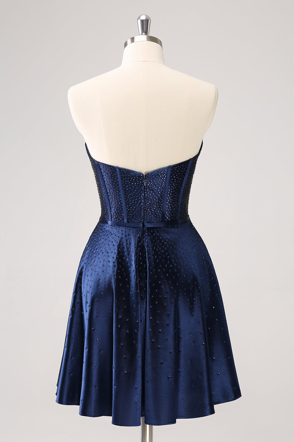 Sparkly Navy Beaded Corset Hollow Out Mini Dress With Bow - Image 7