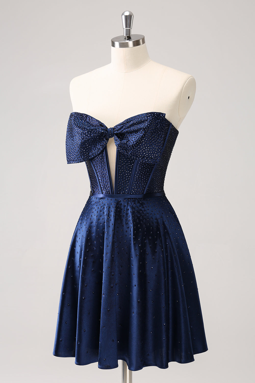 Sparkly Navy Beaded Corset Hollow Out Mini Dress With Bow - Image 3