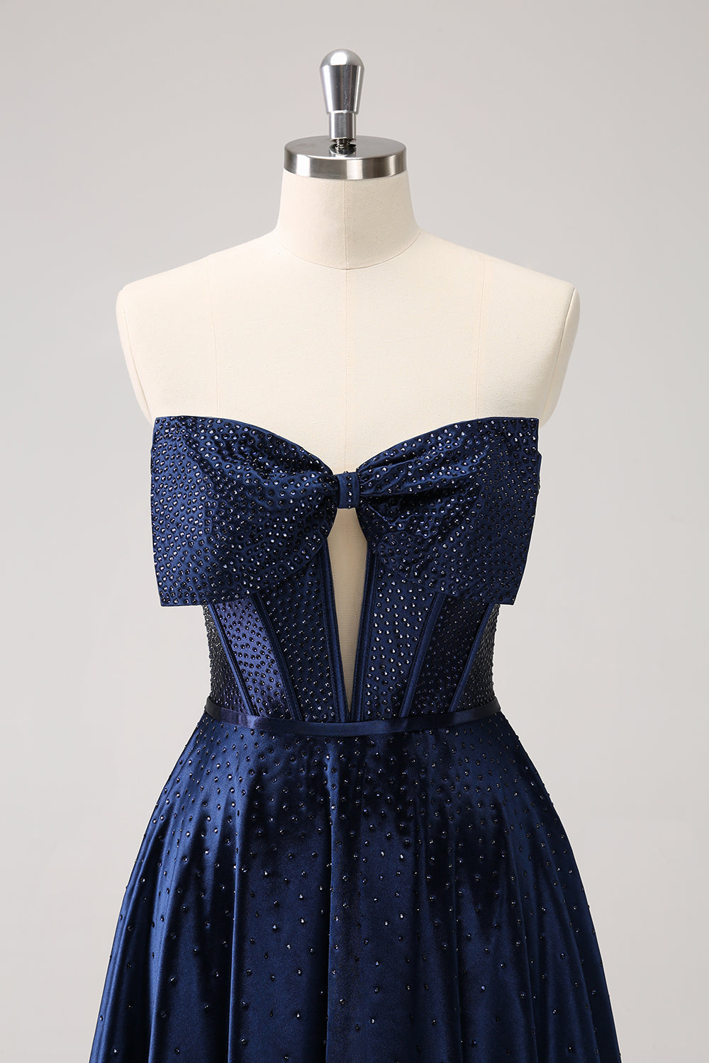 Sparkly Navy Beaded Corset Hollow Out Mini Dress With Bow - Image 4