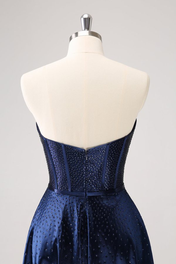 Sparkly Navy Beaded Corset Hollow Out Mini Dress With Bow - Image 5