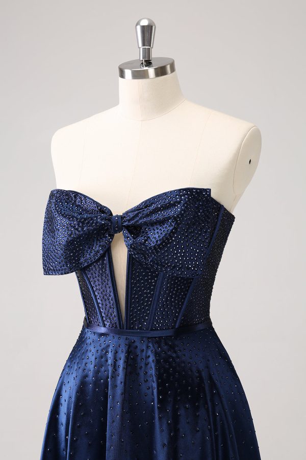 Sparkly Navy Beaded Corset Hollow Out Mini Dress With Bow - Image 6