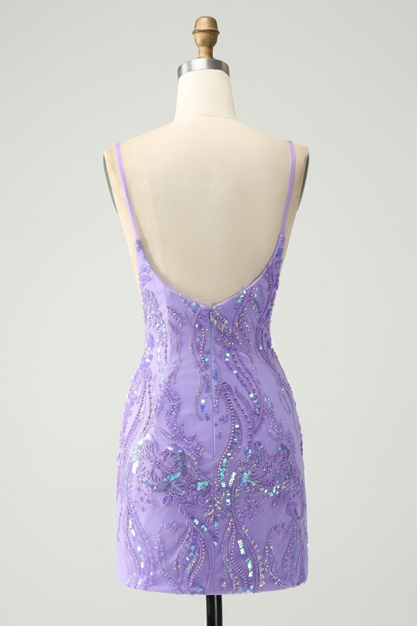 Sparkly Purple Spaghetti Straps Tight Mini Dress with Sequins - Image 2
