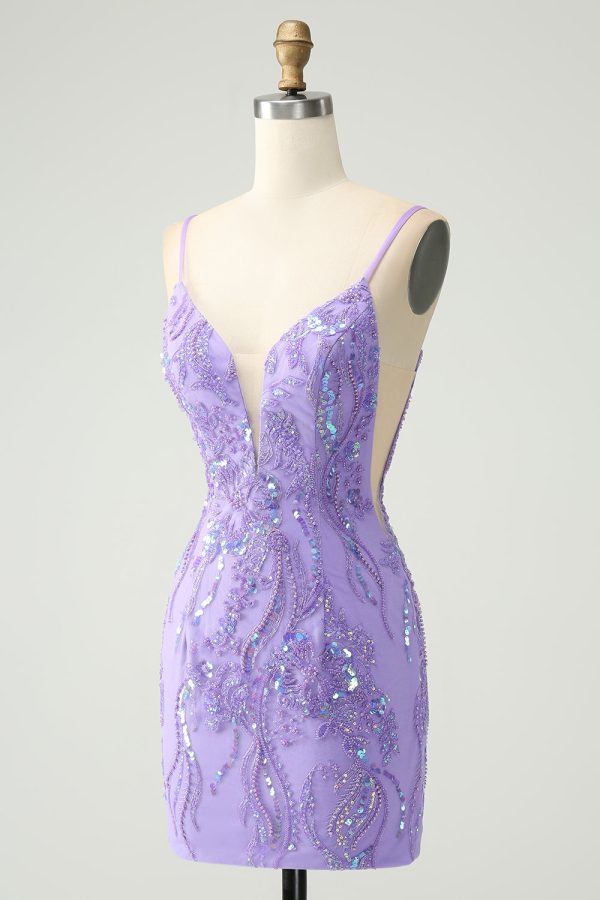 Sparkly Purple Spaghetti Straps Tight Mini Dress with Sequins - Image 3