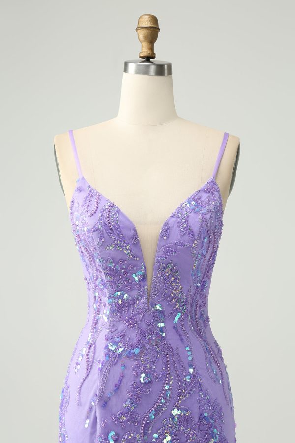 Sparkly Purple Spaghetti Straps Tight Mini Dress with Sequins - Image 4