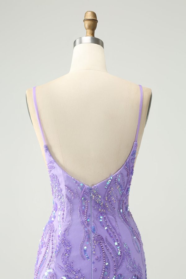 Sparkly Purple Spaghetti Straps Tight Mini Dress with Sequins - Image 5