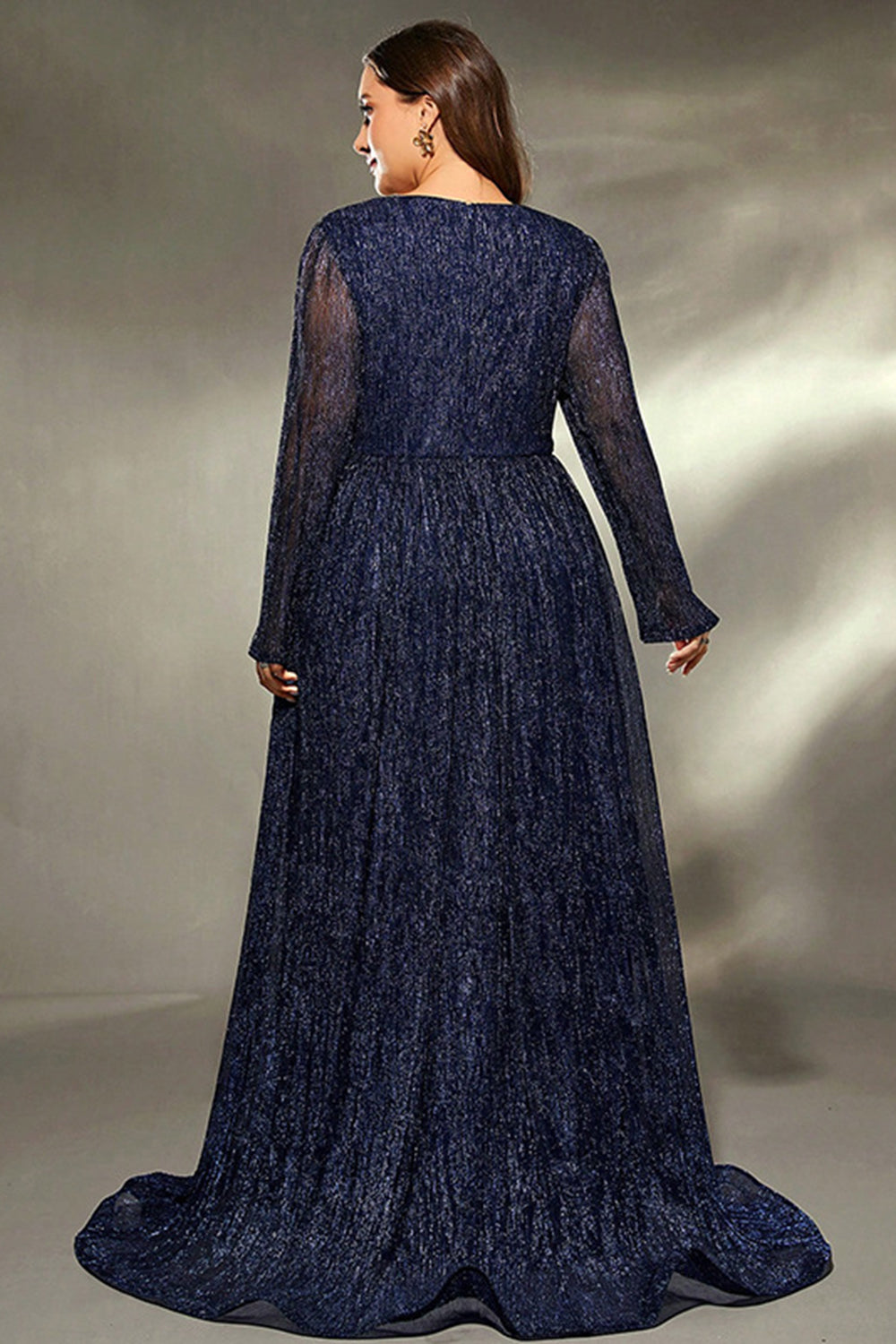 Sparkly Navy Plus Size V Neck Maxi Dress with Long Sleeves - Image 2