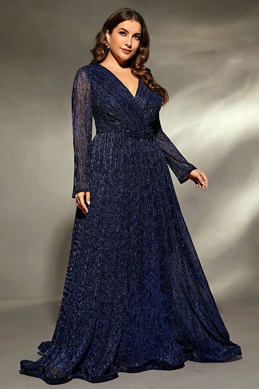 Sparkly Navy Plus Size V Neck Maxi Dress with Long Sleeves - Image 3