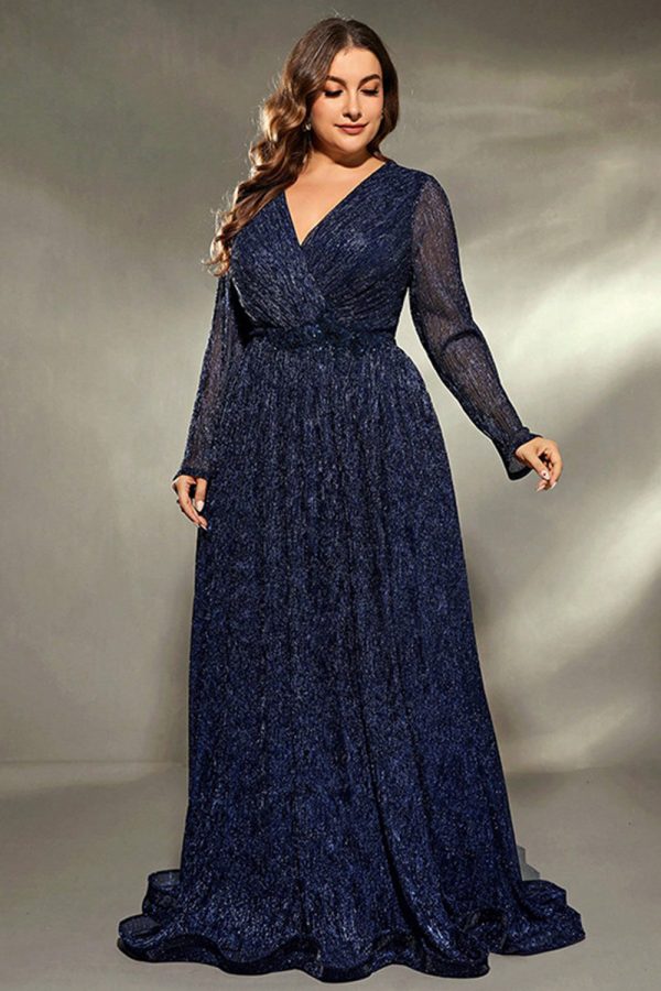 Sparkly Navy Plus Size V Neck Maxi Dress with Long Sleeves - Image 4