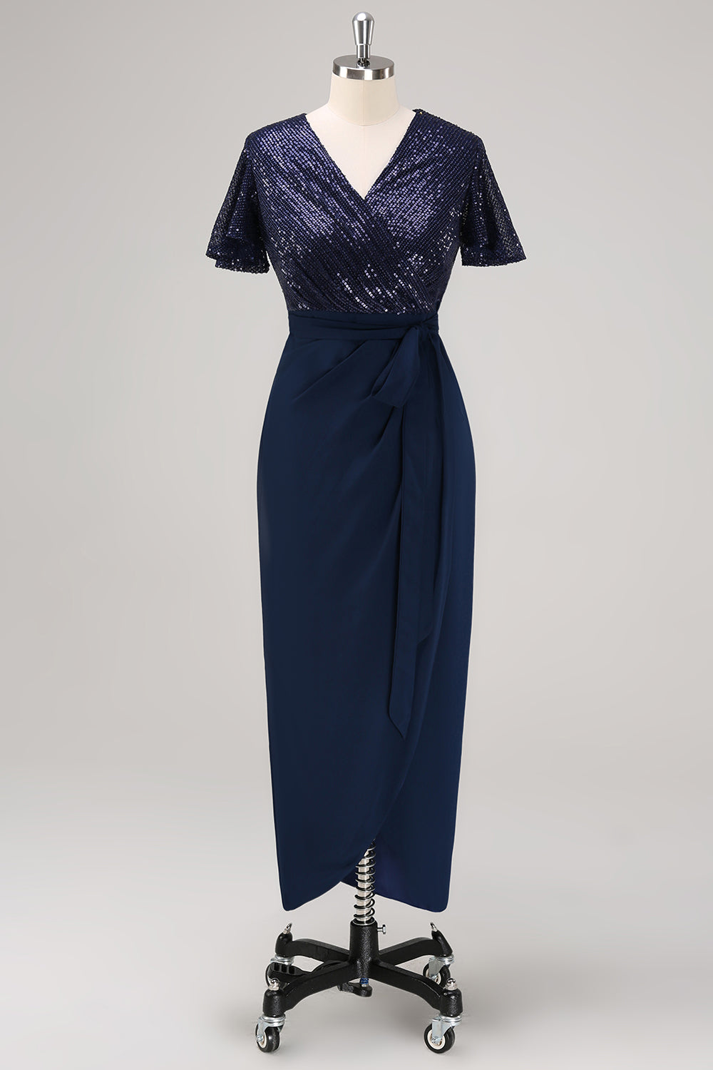 Sparkly Navy Sequined Ruched Wrap Dress with Short Sleeves - Image 1