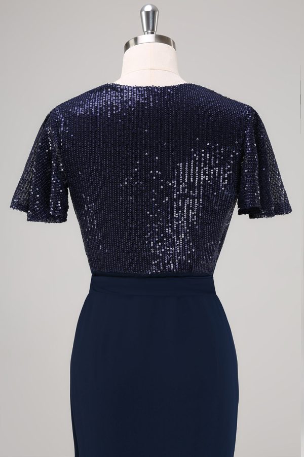 Sparkly Navy Sequined Ruched Wrap Dress with Short Sleeves - Image 5